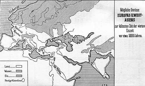 Les contours probables de l'Europe et de l'Asie à l'époque la plus froide de la quatrième glaciation